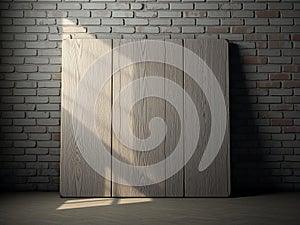 Rustic Wooden Panel Against Textured Brick Wall