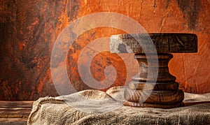 A rustic wooden pedestal on a burlap-covered table