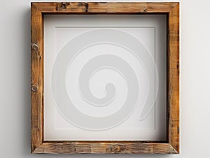 Rustic wooden picture frame with white mat on white wall, 3D render