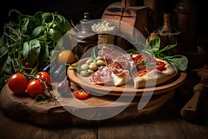 a rustic wooden plate with a slice of warm pizza and fresh ingredients