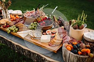 a rustic wooden plate with a variety of meats and cheeses for an outdoor picnic