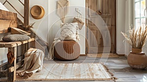 Rustic Wooden Pouffe in Cozy Entryway