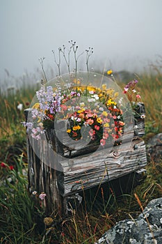 A rustic wooden receptacle filled with wildflowers on the windswept summit of an ancient hill photo