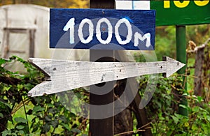 Rustic wooden road direction sign