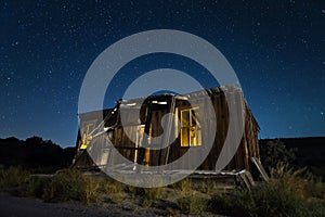 Rustic wooden shack at night in desert