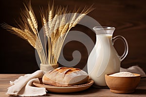 Rustic wooden shelf holds a ceramic plate with bread, beside a milk jug. A vase showcases ripe wheat. Cozy ambiance.