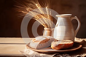 Rustic wooden shelf holds a ceramic plate with bread, beside a milk jug. A vase showcases ripe wheat. Cozy ambiance
