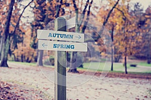 Rustic wooden sign with the words Autumn - Spring