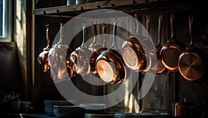 Rustic wooden spoon collection hanging in kitchen generated by AI