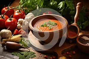 rustic wooden spoon stirring gazpacho ingredients