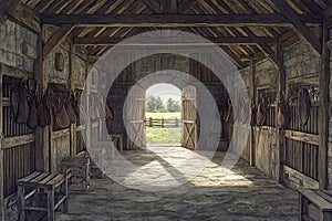 Rustic wooden stable interior with sunlit entrance and hanging saddles photo