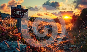 Rustic Wooden Success Signpost on a Country Path at Sunset, Symbolizing Direction to Achievement and Personal Goals in Nature