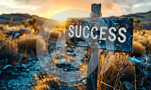 Rustic Wooden Success Signpost on a Country Path at Sunset, Symbolizing Direction to Achievement and Personal Goals in Nature