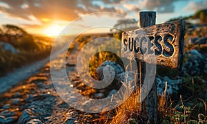 Rustic Wooden Success Signpost on a Country Path at Sunset, Symbolizing Direction to Achievement and Personal Goals in Nature