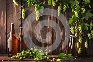 Concept Rustic Decor, Rustic wooden surface with craft beer bottles fresh hops and warm lighting