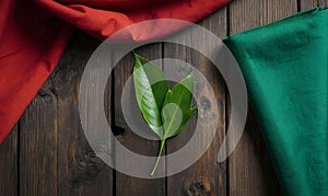 Rustic Wooden Surface with Red Cloth and Green Leaves, Copy Space