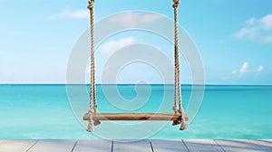 A rustic wooden swing on ropes against a tropical teal blue ocean horizon seascape illustration.