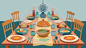 A rustic wooden table is adorned with an array of colorful mismatched plates and lery set for a bohemianinspired dinner photo