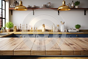 A rustic wooden table atop a blurred kitchen counter and white wall