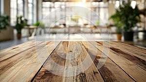 Rustic Wooden Tabletop in a Blurred Modern Office Setting
