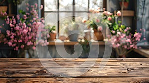 Rustic Wooden Table with Blurry Spring Flowers and Plants Background.