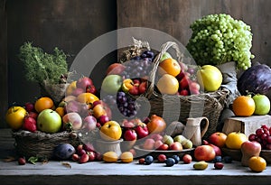 Rustic wooden table with cane baskets decorated with variety of seasonal fruits vegetables