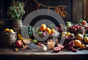 Rustic wooden table decorated with variety of seasonal fruits vegetables