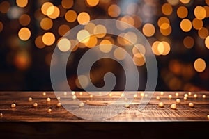 rustic wooden table in front of glitter black and gold bokeh lights Generative AI