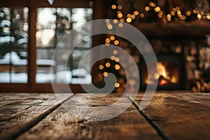 Rustic Wooden Table Mockup with Blurred Cozy Cabin Interior