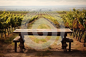 Rustic wooden table overlooking vineyard rows