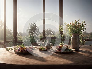 Rustic Wooden Table for Product Display with a French Vineyard View  .AI Generated