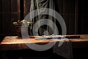 a rustic wooden table with a sharp chefs knife lodged in it