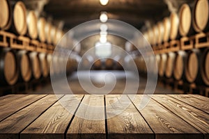 A rustic wooden table sits in a warm and inviting barrel room. Soft lights hint at the craftsmanship behind each barrel photo