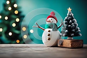 A Rustic Wooden Table With Snowman And A Pine Tree In The Blur Background