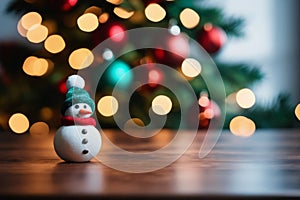 A Rustic Wooden Table With Snowman And A Pine Tree In The Blur Background