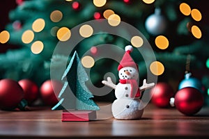 A Rustic Wooden Table With Snowman And A Pine Tree In The Blur Background