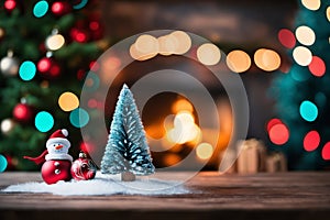 A Rustic Wooden Table With Snowman And A Pine Tree In The Blur Background