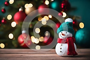 A Rustic Wooden Table With Snowman And A Pine Tree In The Blur Background