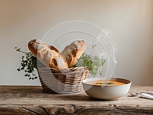 Rustic Wooden Table with Soup and Fresh Bread.