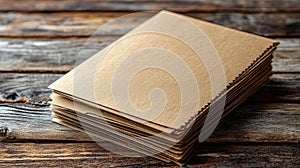 Rustic Wooden Table with Stack of Brown Paper Sheets