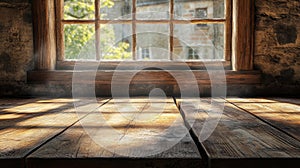 Rustic Wooden Table by Sunlit Window View