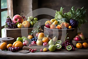 Rustic wooden table with variety of seasonal fruits and vegetables