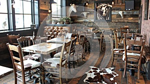 Rustic wooden tables and chairs complete with cowhide cushions invite you to sit and stay a while