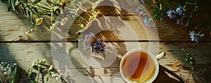 Rustic Wooden Tabletop with Tea and Wildflowers in Natural Light