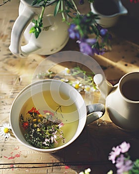 Rustic Wooden Tabletop with Tea and Wildflowers in Natural Light