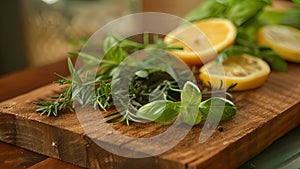 A rustic wooden ting board adorned with various herbs and es featuring aromatic rosemary fragrant basil and zesty lemon