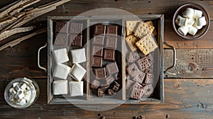 A rustic wooden tray holding all the necessary ingredients for gourmet smores such as artisanal chocolate bars imported