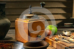 Rustic wooden vintage coffee grinder, closeup