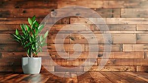 Rustic Wooden Wall Background with Green Plant in Pot, Perfect for Product Displays, Branding, and Interior Design Inspiration photo