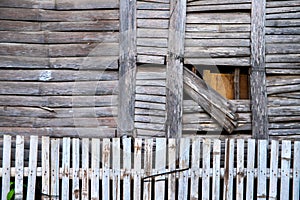 Rustic wooden wall texture of bamboo hut. Weathered timber plank wall and fence. Old building wooden wall